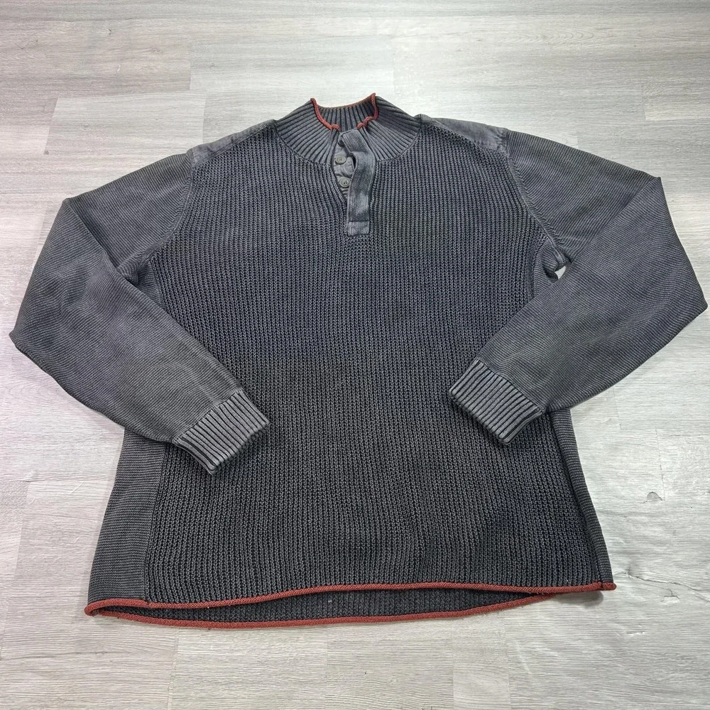 Carbon 2 Cobalt Sweater Mens Medium Gray Cotton Henley Mock Neck Knit Pullover